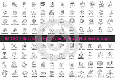 96 Ceo, HR, Business, Finance icons vector flat black line icons. Vector Illustration